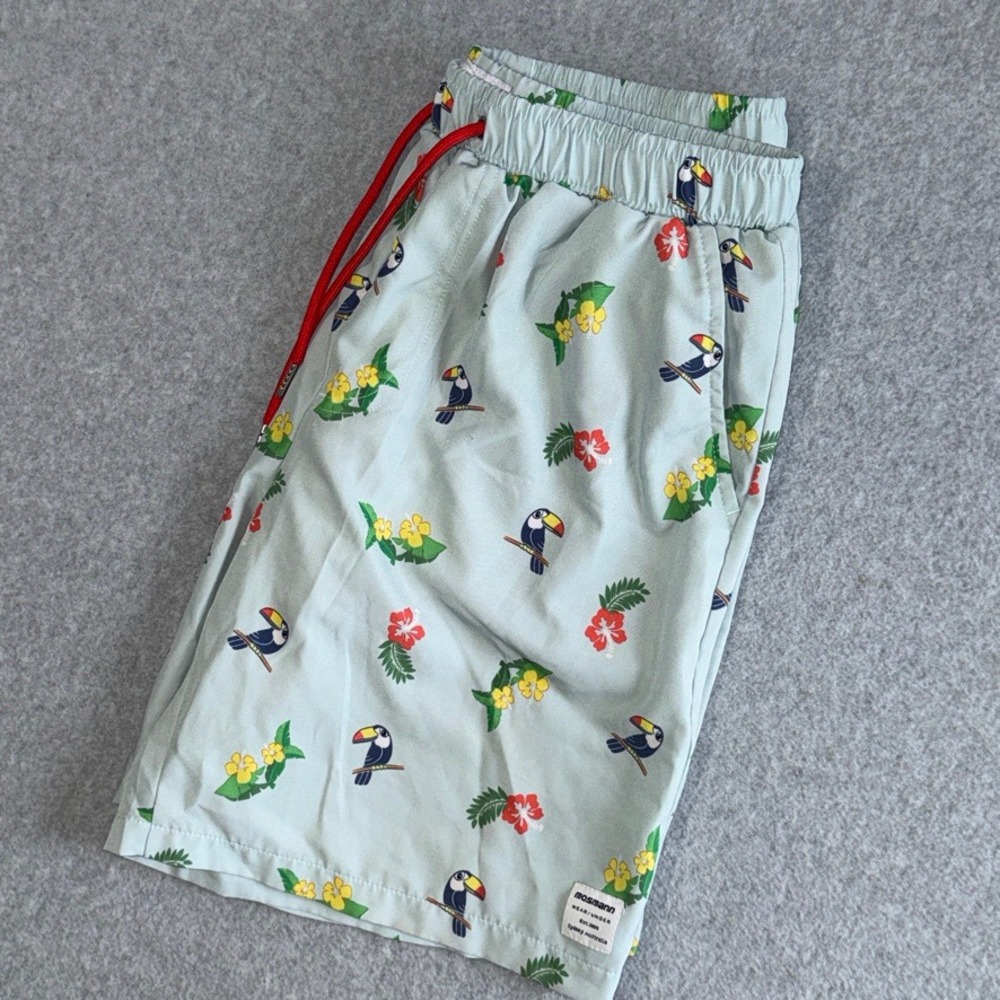 Mosmann Australia Mens Toucan Tropical Swim Trunks Blue Red Drawstring Large